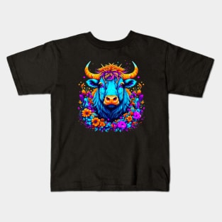 Colorful Highland Cow with florals Kids T-Shirt